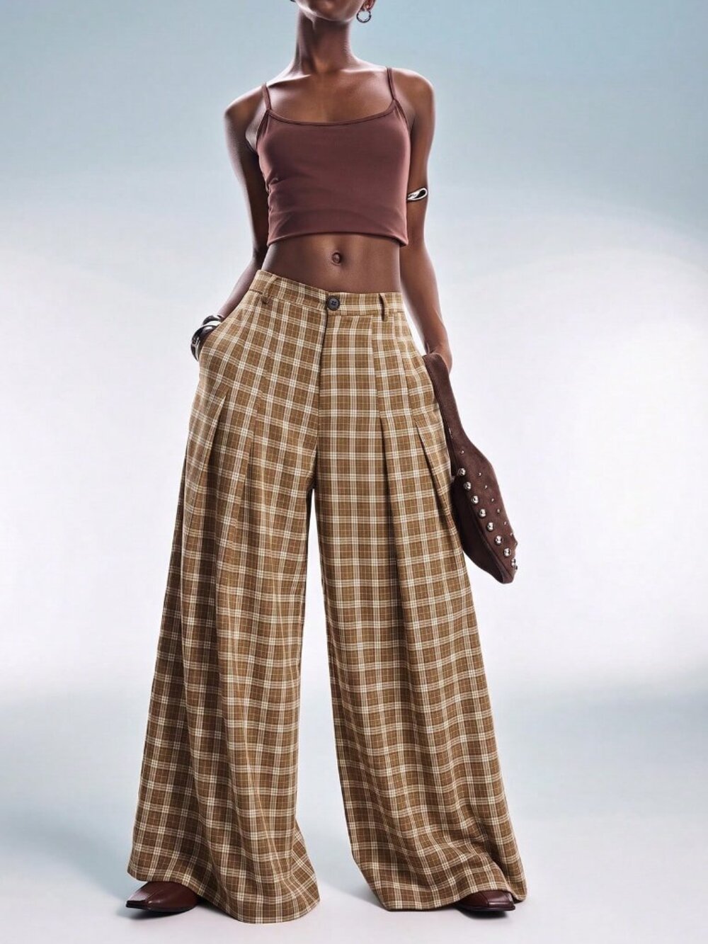 Multicolor Casual Women's Plaid Loose Wide Leg Long Pants - Picture 6 of 6